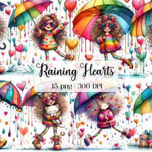 Bundle de cliparts fille originale il pleut des coeurs, ensemble de scrapbooking fantaisiste aquarelle parapluie, sublimation, téléchargement numérique, journal indésirable
