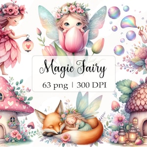 Aquarell magischer Garten rosa Feen Clipart Bundle, Natur süße magische Waldfee Geburtstag PNG, Märchenfantasie, Sublimationsset