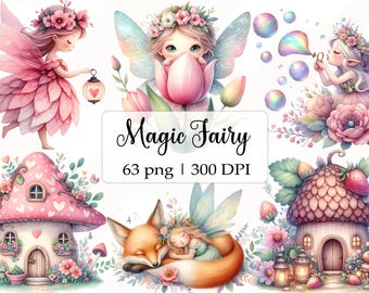 Watercolor magical garden pink fairies Clipart Bundle, Nature Cute magical forest fairy birthday PNG, Fairytale fantasy, Sublimation Set