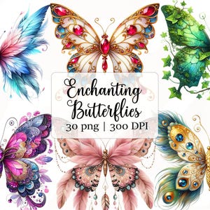 Bundle de cliparts enchanteurs de papillons, PNG de papillons fantaisistes mignons, fichiers de conception de sublimation des cliparts aquarelle, carnet de bord artisanat en papier