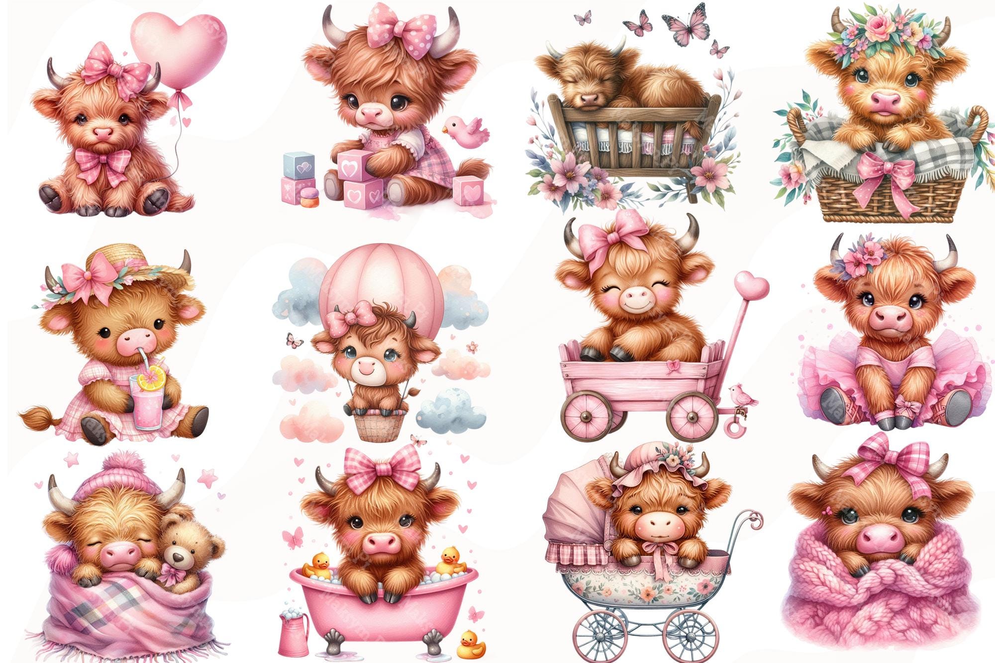 Baby Girl Highland Cow Watercolor Clipart Bundle, Newborn Children ...