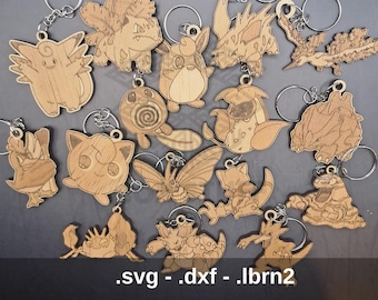 2/10 houten Pokémon-sleutelhangerset - 16 lasergesneden ontwerpen - tweede deel van Pokérap - handgemaakte Pokémon-cadeaus