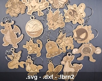 1/10 houten Pokémon-sleutelhangerset - 16 lasergesneden ontwerpen - Eerste deel van Pokérap - Handgemaakte Pokémon-cadeaus