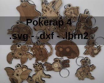 4/10 houten Pokémon-sleutelhangerset - 16 lasergesneden ontwerpen - vierde deel van Pokérap - Handgemaakte Pokémon-cadeaus