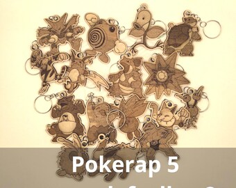 5/10 houten Pokémon-sleutelhangerset - 16 lasergesneden ontwerpen - vijfde deel van Pokérap - handgemaakte Pokémon-cadeaus