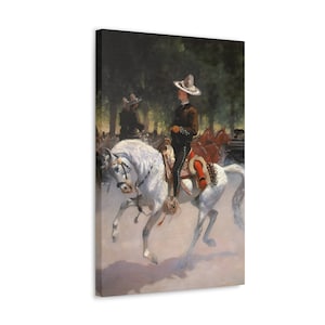 May include: A painting depicting a man on horseback riding through a wooded area. The man is wearing a wide-brimmed hat and a dark suit. The horse is white and has a red saddle. The background is a blur of green trees.