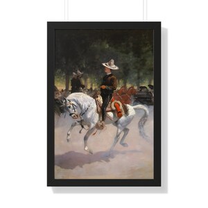 May include: A painting depicting a man on horseback riding through a woodland setting. The rider is wearing a wide-brimmed hat and a dark jacket. The horse is white and has a red saddle.