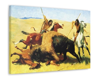 The Buffalo Hunt by Frederic Remington Framed 3-D Canvas Painting Art Print Poster