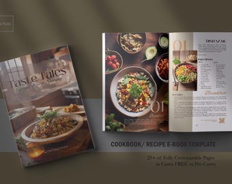 May include: A cookbook or recipe e-book template with a brown background and a photo of a bowl of food. The text on the cover reads "Taste Tales Worth Sharing". The text on the open pages reads "DISH NAME", "Ingredients", "Breakfast", and "COOKBOOK/RECIPE E-BOOK TEMPLATE".
