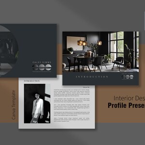Könnte beinhalten: Eine schwarz-weiße Präsentationsvorlage für ein Interior-Designer-Profil mit dem Text "Interior Designer Profile Presentation" und dem Namen "Caley Simms" in einem Kreis mit drei kleineren Kreisen darin. Die Vorlage enthält Bilder eines modernen Wohnzimmers und einer Frau in einem weißen Hemd.