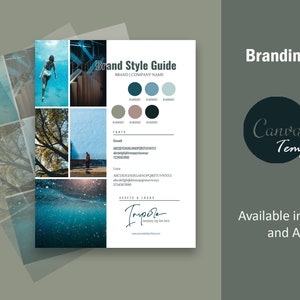 Könnte beinhalten: Eine Marken-Styleguide-Vorlage mit einer Collage von Bildern, Farbmustern und Schriftinformationen. Der Leitfaden enthält den Text "Brand Style Guide" und "BRAND COMPANY NAME". Der Text "Impera" ist eine Unterschrift am unteren Rand der Seite. Die Vorlage ist in den Formaten US Letter und A4 verfügbar.