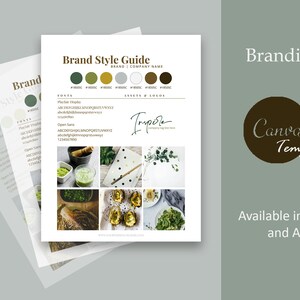 Könnte beinhalten: Marken-Styleguide-Vorlage mit einer grünen, braunen und goldenen Farbpalette. Der Leitfaden umfasst Schriftarten, Farben und ein Logo mit dem Text "Impore". Die Vorlage ist in den Formaten US Letter und A4 verfügbar.