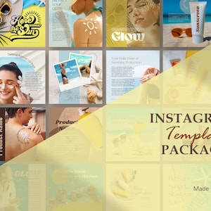 Op de afbeelding: Een set van 12 Instagram-sjablonen voor het promoten van zonnebrandproducten. De sjablonen bevatten afbeeldingen van mensen die genieten van de zon, zonnebrandcrème aanbrengen en ontspannen op het strand. De tekst op de sjablonen bevat zinnen als "Bescherm je Glow", "Hier komt de zon" en "Je dagelijkse dosis zonbescherming".