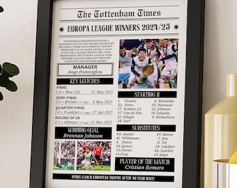 May include: Framed print titled "The Tottenham Times" celebrating the Europa League Winners 2024/25. The black framed print features a newspaper-style layout with team photos, key match details, and player information. A decorative piece for sports fans.