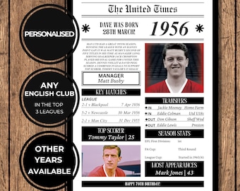 Stampa di calcio inglese del 1956 / Qualsiasi club maschile nei primi 3 campionati in Inghilterra / Regalo per il 70° compleanno / Regali di calcio