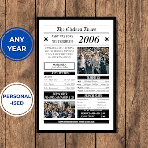 May include: A black and white newspaper-style poster with the headline "The Chelsea Times" and the year "2006". The poster celebrates a birthday and includes information about the Chelsea Football Club's 2005-2006 season, including key matches, transfers, and season stats.