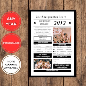 Impression personnalisée Southampton FC | N'importe quelle année | Cadeaux Southampton FC | Anniversaire du FC Southampton | Affiche de Southampton FC | Fan de Southampton