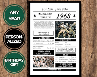 Lámina personalizada de los New York Jets / Cualquier año / Regalo de cumpleaños / Regalo para aficionados de los New York Jets / Póster vintage de cumpleaños de los New York Jets