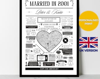 Impresión de "Casados en 2001" / Regalo personalizado para el 25.º aniversario de bodas de plata / Póster con información sobre el año de matrimonio / Versión para el Reino Unido