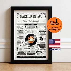 Married in 1966 Print | Personalised 60th Diamond Wedding Anniversary Gift | No. 1 Record on the Day you got Married Poster | USA Version