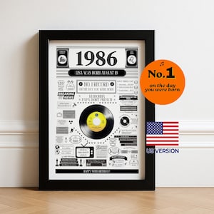Peut inclure: Impression encadrée en noir et blanc avec l'année 1986 en haut et le texte "LISA WAS BORN AUGUST 19". Comprend un graphique de disque vinyle et le texte "NO. 1 RECORD ON THE DAY YOU WERE BORN". Un cercle orange dit "No.1 on the day you were born".