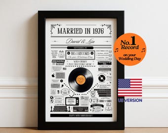 Impresión "Casados en 1976" / Regalo personalizado para el 50.º aniversario de bodas de oro / Póster "Número 1 en las listas de éxitos el día de tu boda" / Versión estadounidense