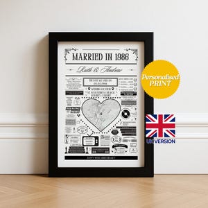 Puede incluir: Impresión en blanco y negro enmarcada que conmemora una boda en 1986. La impresión incluye los nombres "Ruth & Andrew", la fecha de la boda, la ubicación y otros detalles. Un mapa en forma de corazón está en el centro. El texto "Personalised PRINT" está a la derecha.