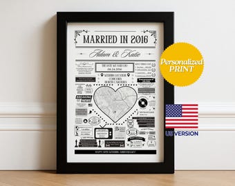 Impresión de "Casados en 2016" / Regalo personalizado de hojalata para el décimo aniversario de bodas / Póster con información sobre el año de matrimonio / Versión para EE. UU.