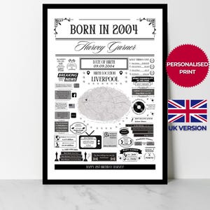 2004 Birthday Poster | Personalised 21st Birthday Gift | Year You Were Born Facts | 21st Birthday Print | UK Version