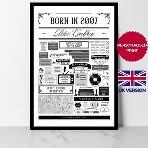 2007 Birthday Poster | Personalised 18th Birthday Gift | Year You Were Born Facts | 18th Birthday Print | UK Version