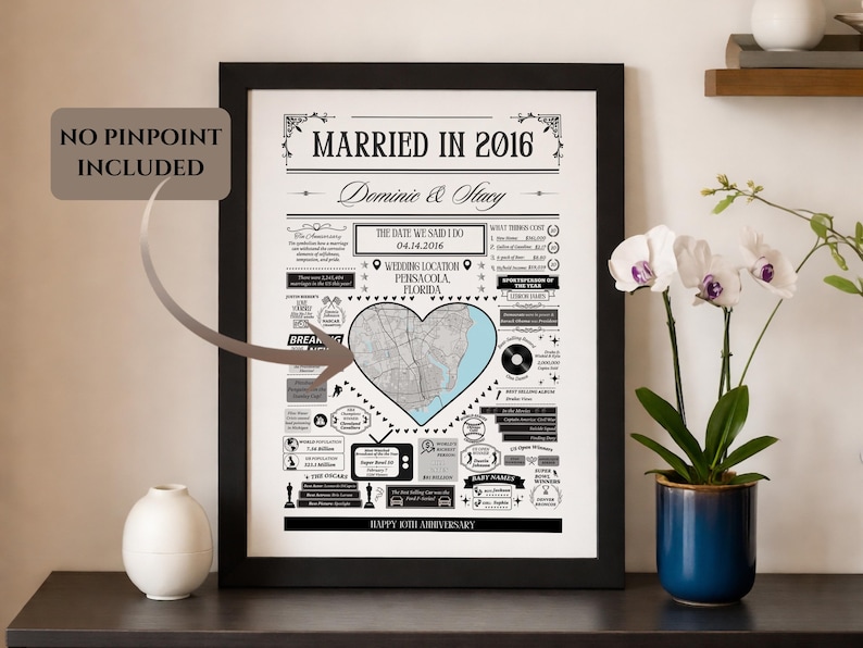 Pu&ograve; includere: Stampa in bianco e nero incorniciata, che celebra un anniversario di matrimonio, intitolata "Married in 2016". Presenta i nomi Dominic & Stacy, una mappa e la data 04.14.2016. Un vaso bianco e un vaso blu con orchidee sono sul tavolo.