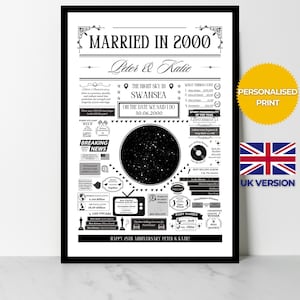Stampa della mappa stellare "Sposati nel 2000" / Regalo personalizzato per il 25° anniversario di nozze d'argento / Poster informativo sull'anno in cui vi siete sposati / Versione per il Regno Unito