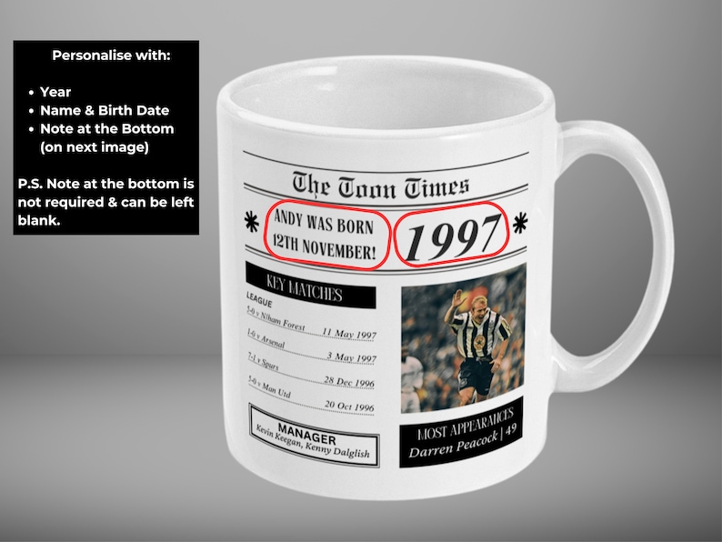 May include: White ceramic mug with a newspaper design featuring the text "The Toon Times" and "ANDY WAS BORN 12TH NOVEMBER!" with the year 1997. The mug has a black handle.