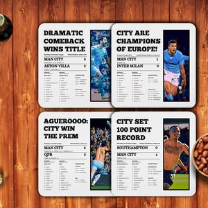 Man City Coaster | Set of 4 | Man City&#39;s Greatest Moments | Great Man City Gifts | Man City Beer Mats