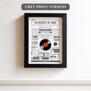 Puede incluir: Una impresi&oacute;n enmarcada con un borde negro, con un dise&ntilde;o de estilo vintage. La impresi&oacute;n incluye el texto "CASADOS EN 1966" y un gr&aacute;fico de disco de vinilo. El fondo est&aacute; lleno de varios elementos de texto y gr&aacute;ficos en tonos grises.