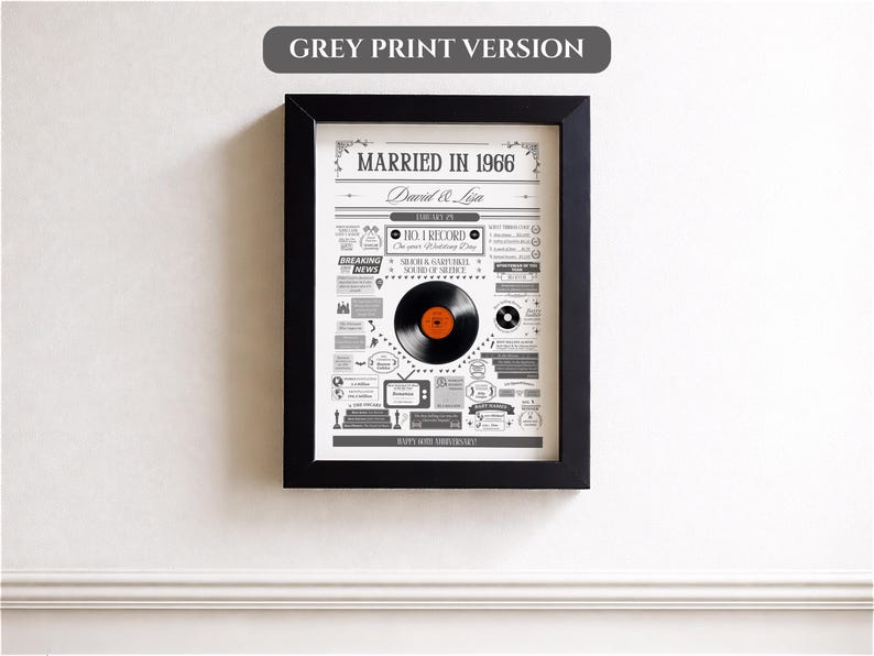 Puede incluir: Una impresi&oacute;n enmarcada con un borde negro, con un dise&ntilde;o de estilo vintage. La impresi&oacute;n incluye el texto "CASADOS EN 1966" y un gr&aacute;fico de disco de vinilo. El fondo est&aacute; lleno de varios elementos de texto y gr&aacute;ficos en tonos grises.