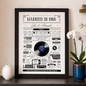 Puede incluir: Una impresi&oacute;n en blanco y negro enmarcada que conmemora un 60 aniversario de bodas. La impresi&oacute;n incluye el texto "MARRIED IN 1966" y "Pete & Amanda", junto con otros detalles y una ilustraci&oacute;n de un disco de vinilo. Un jarr&oacute;n blanco y una maceta azul con orqu&iacute;deas tambi&eacute;n est&aacute;n en la imagen.
