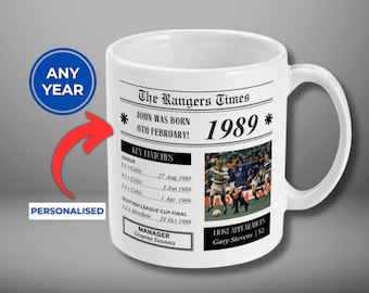 Tazza personalizzata dei Rangers / Qualsiasi anno / Regalo di compleanno / Regali Rangers FC / Messaggio personalizzato / Rangers Retro / Calcio scozzese