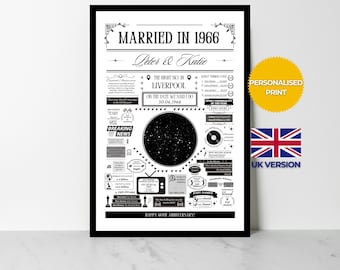 Married in 1966 Star Map Print | Personalised 60th Diamond Wedding Anniversary Gift | Year You Were Married Fact Poster | UK Version