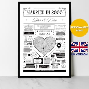 Married in 2000 Print | Personalised 25th Silver Wedding Anniversary Gift | Year You Were Married Fact Poster | UK Version