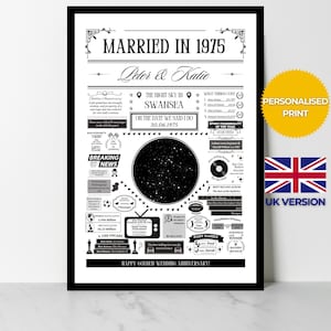 Getrouwd in 1975 sterrenkaart afdrukken | Gepersonaliseerd cadeau 50e gouden huwelijksverjaardag | Poster met het jaar waarin je getrouwd was | Britse versie: