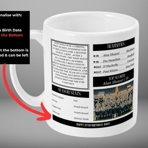 May include: White ceramic mug with a black and white photo of a soccer team and text about the team's season stats. The text includes the team's name, "Newcastle", and the year, "1998". The mug also has the text "Happy 27th Birthday Andy!" printed on the bottom.
