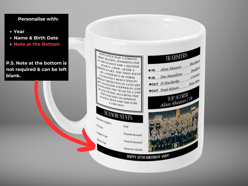 May include: White ceramic mug with a black and white photo of a soccer team and text about the team's season stats. The text includes the team's name, "Newcastle", and the year, "1998". The mug also has the text "Happy 27th Birthday Andy!" printed on the bottom.