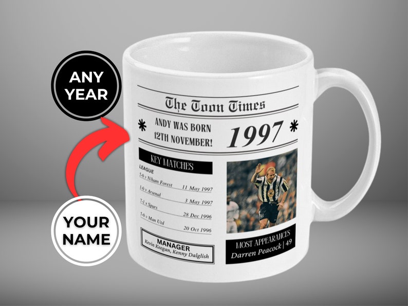 May include: White ceramic mug with a black and white newspaper design. The mug features a headline that reads "The Toon Times" and a subheading that reads "ANDY WAS BORN 12TH NOVEMBER!" The year 1997 is printed in large font. The mug also includes a photo of a soccer player in a black and white uniform.
