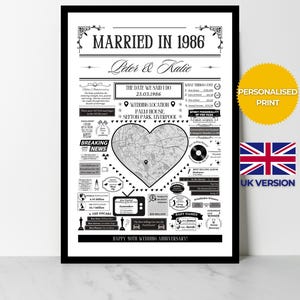 Married in 1986 Print | Personalised 40th Ruby Wedding Anniversary Gift | Year You Were Married Fact Poster | UK Version