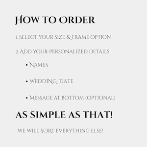 Puede incluir: Texto sobre fondo claro: "C&Oacute;MO ORDENAR". Instrucciones: seleccionar tama&ntilde;o y marco, a&ntilde;adir detalles personalizados (nombres, fecha de boda, mensaje opcional). Conclusi&oacute;n: "&iexcl;AS&Iacute; DE SIMPLE!"