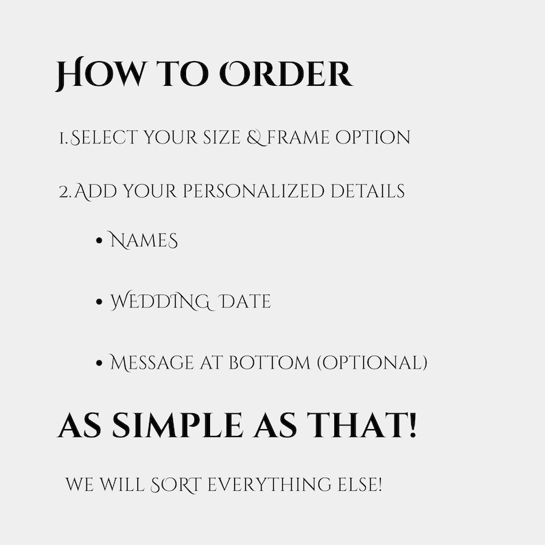 Puede incluir: Texto sobre fondo claro: "C&Oacute;MO ORDENAR". Instrucciones: seleccionar tama&ntilde;o y marco, a&ntilde;adir detalles personalizados (nombres, fecha de boda, mensaje opcional). Conclusi&oacute;n: "&iexcl;AS&Iacute; DE SIMPLE!"