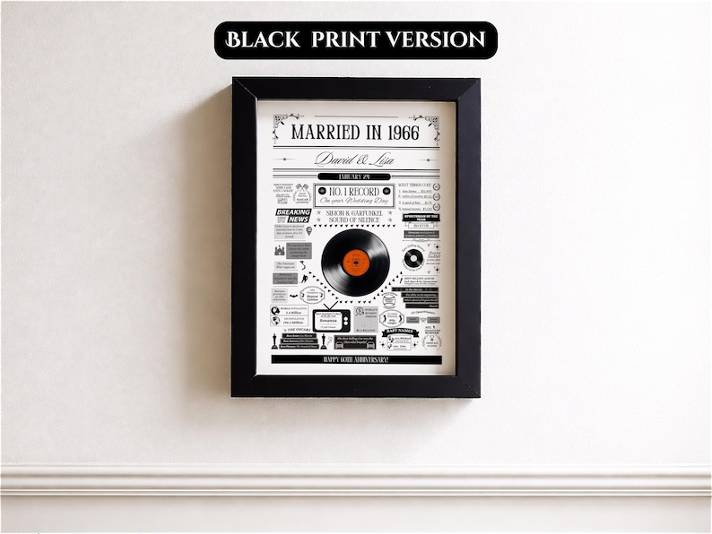Puede incluir: Una impresi&oacute;n en blanco y negro enmarcada titulada "Married in 1966" con un dise&ntilde;o de disco de vinilo vintage. La impresi&oacute;n incluye texto y gr&aacute;ficos, con un disco de vinilo naranja y negro en el centro. El marco es rectangular.