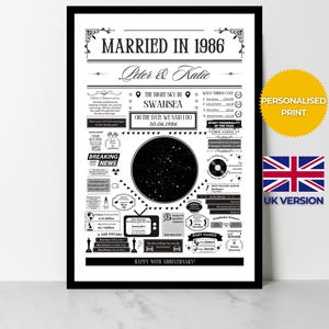 Pobrali się w 1986 roku – wydruk mapy nieba | Spersonalizowany prezent na 40. rubinową rocznicę ślubu | Plakat z faktami o roku ślubu | Wersja brytyjska