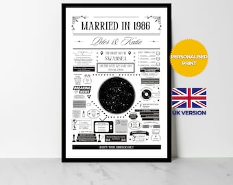 Married in 1986 Star Map Print | Personalised 40th Ruby Wedding Anniversary Gift | Year You Were Married Fact Poster | UK Version
